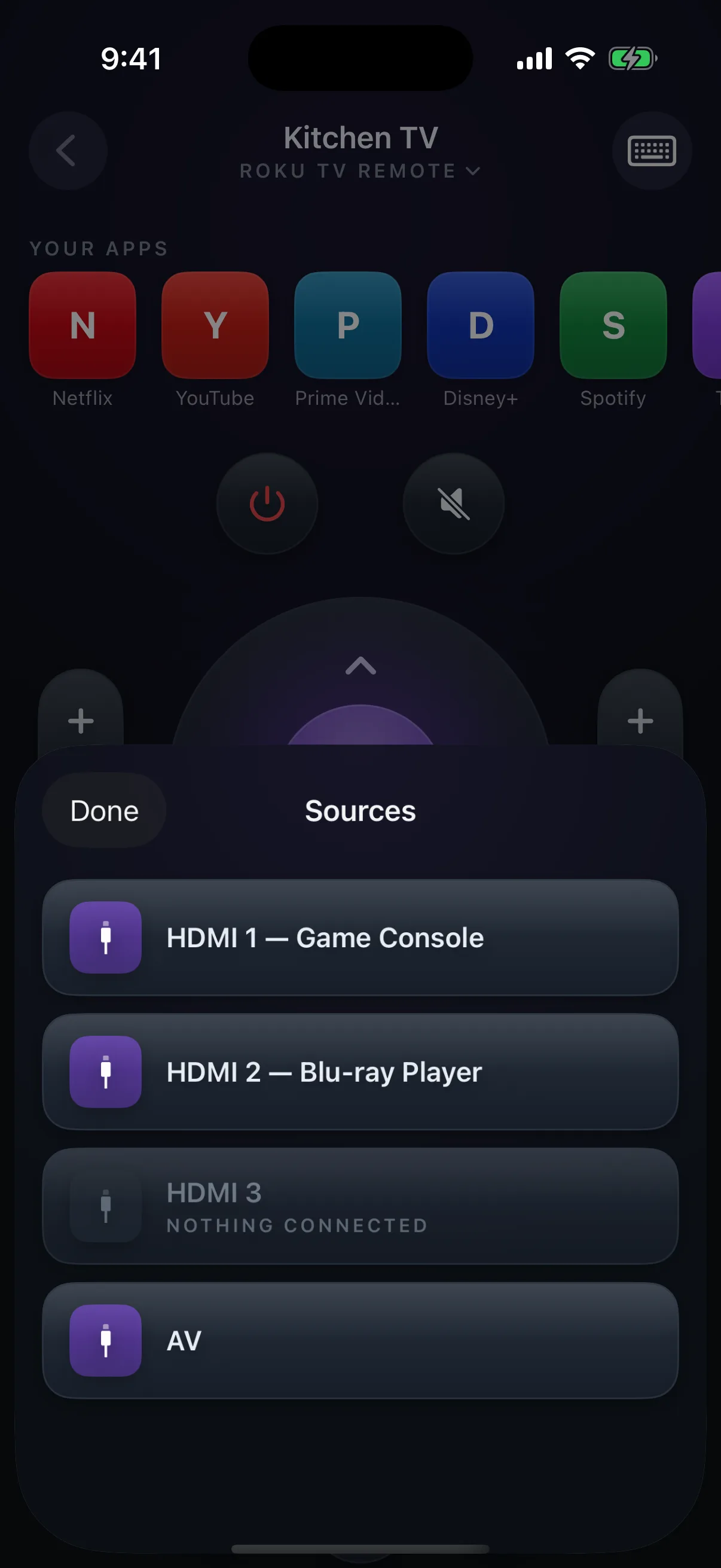 The Sources list in Zapp, showing real HDMI input names